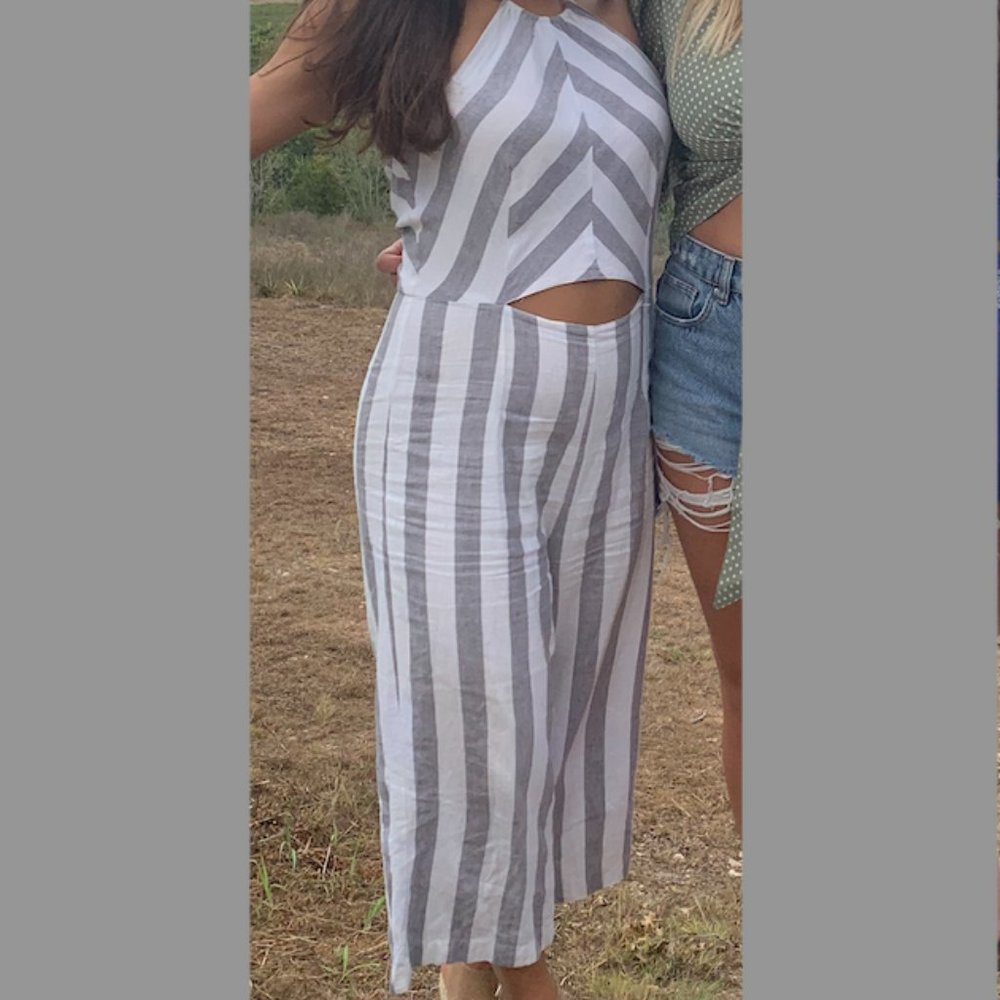 KARLIE Grey and White Striped Jumpsuit